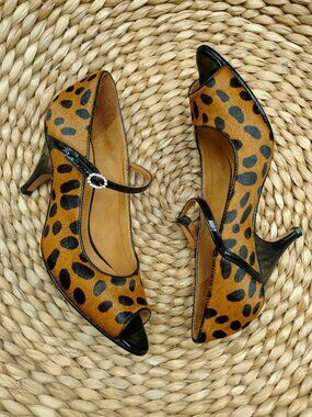 Samanta calf hair peep toe Mary Janes with rhinestone buckles NIB